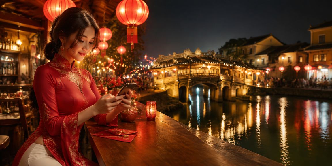 Người phụ nữ mặc áo dài cầm phong bì đỏ may mắn tại Hội An, biểu tượng cho sự khởi đầu may mắn khi đăng ký tài khoản